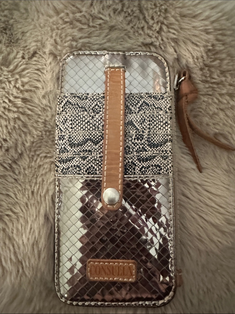 Consuela Metallic Snake-Print Wristlet in Silver and Brown